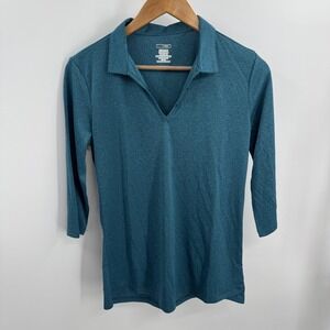 Moheen‎ Shirt Womens M Teal Cool Dri 3/4 Sleeve Collared V Neck UPF Activewear